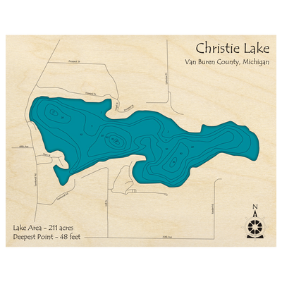 Bathymetric topo map of Christie Lake, MI with roads, towns and depths noted in blue water.