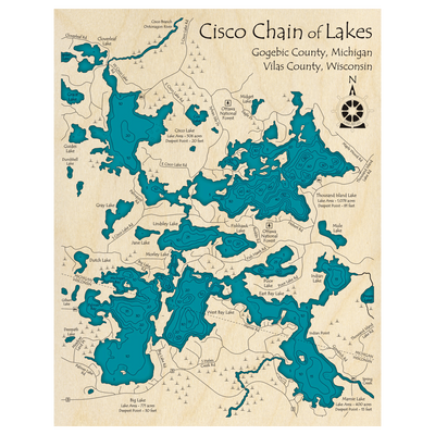Bathymetric topo map of Cisco Lakes Chain (MI, WI) with roads, towns and depths noted in blue water.