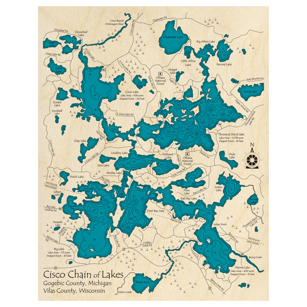 Bathymetric topo map of Cisco Lakes Chain (MI, WI) with roads, towns and depths noted in blue water.