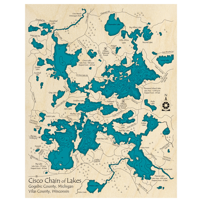 Bathymetric topo map of Cisco Lakes Chain (MI, WI) with roads, towns and depths noted in blue water.