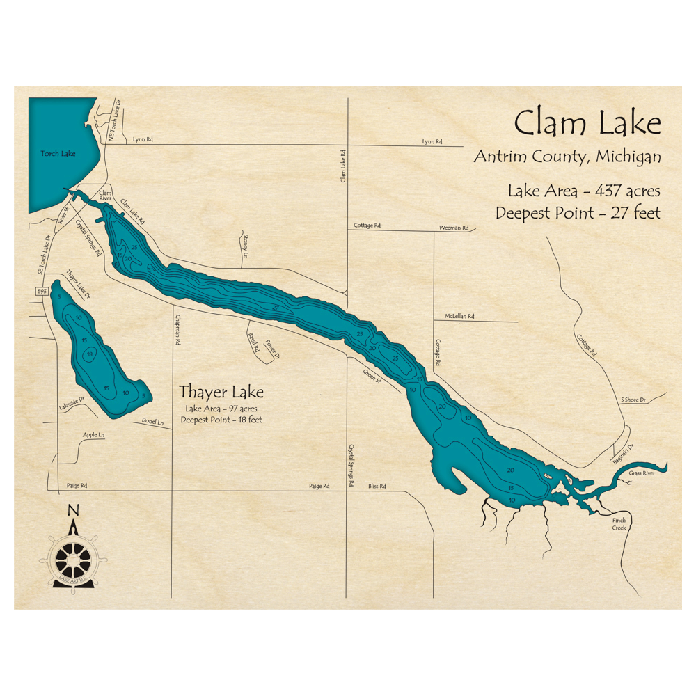 Bathymetric topo map of Clam Lake, MI with roads, towns and depths noted in blue water.