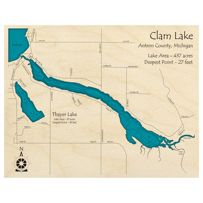 Bathymetric topo map of Clam Lake, MI with roads, towns and depths noted in blue water.