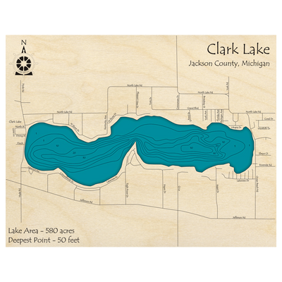 Bathymetric topo map of Clark Lake, MI with roads, towns and depths noted in blue water.