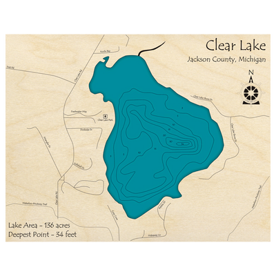 Bathymetric topo map of Clear Lake, MI with roads, towns and depths noted in blue water.