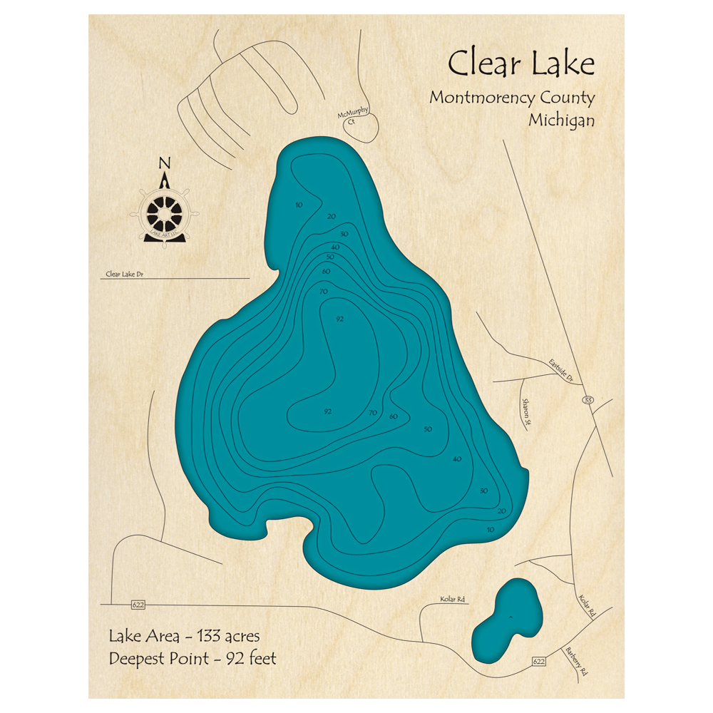 Bathymetric topo map of Clear Lake, MI with roads, towns and depths noted in blue water.