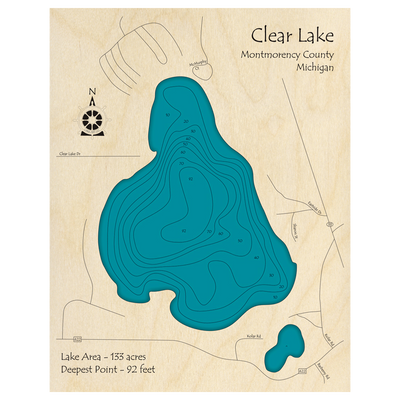 Bathymetric topo map of Clear Lake, MI with roads, towns and depths noted in blue water.