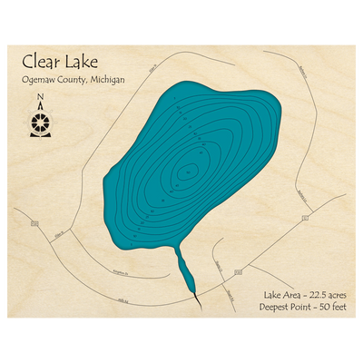 Bathymetric topo map of Clear Lake, MI with roads, towns and depths noted in blue water.