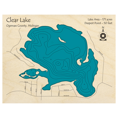 Bathymetric topo map of Clear Lake, MI with roads, towns and depths noted in blue water.