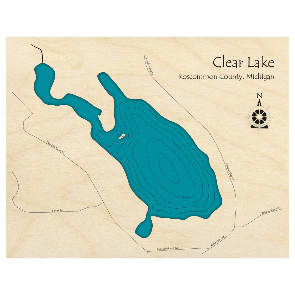 Bathymetric topo map of Clear Lake, MI with roads, towns and depths noted in blue water.
