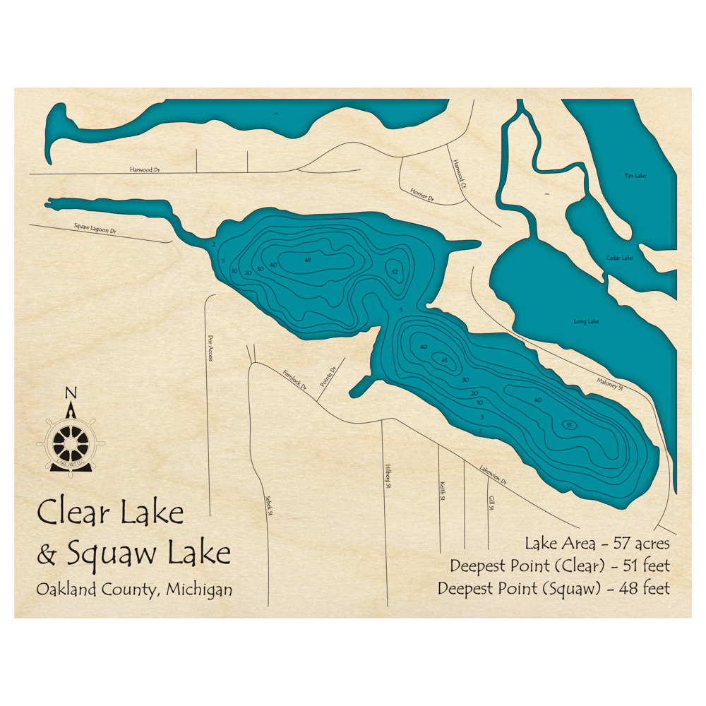 Bathymetric topo map of Clear Lake and Squaw Lake, MI with roads, towns and depths noted in blue water.