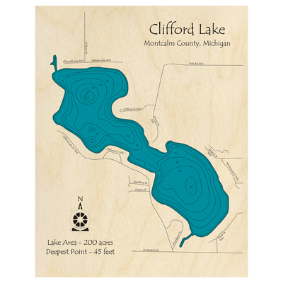 Bathymetric topo map of Clifford Lake, MI with roads, towns and depths noted in blue water.