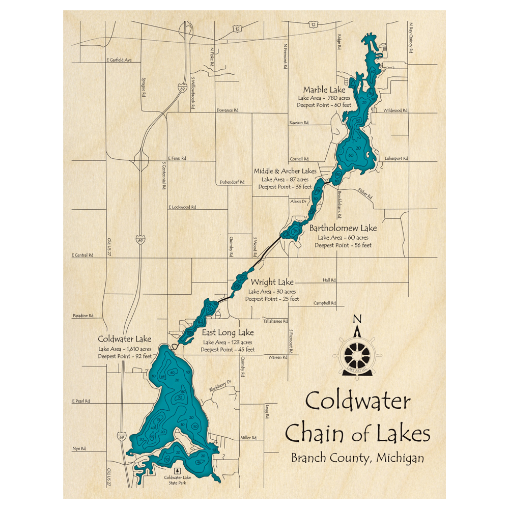 Bathymetric topo map of Coldwater Chain of Lakes, MI with roads, towns and depths noted in blue water.