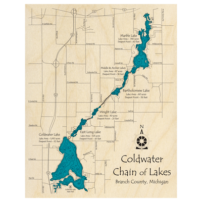 Bathymetric topo map of Coldwater Chain of Lakes, MI with roads, towns and depths noted in blue water.