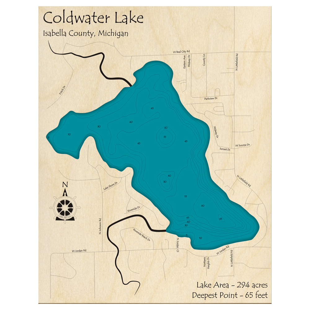 Bathymetric topo map of Coldwater Lake, MI with roads, towns and depths noted in blue water.