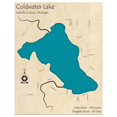 Bathymetric topo map of Coldwater Lake, MI with roads, towns and depths noted in blue water.