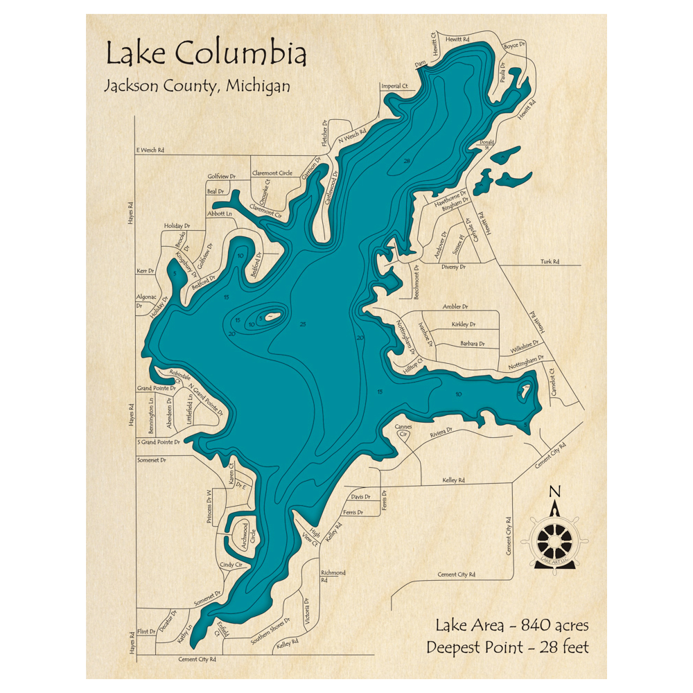 Bathymetric topo map of Lake Columbia, MI with roads, towns and depths noted in blue water.