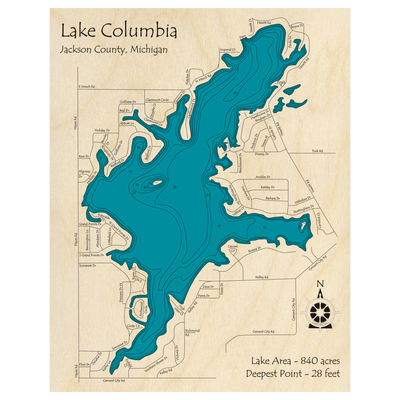 Bathymetric topo map of Lake Columbia, MI with roads, towns and depths noted in blue water.