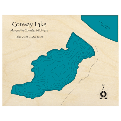 Bathymetric topo map of Lake Conway, MI with roads, towns and depths noted in blue water.