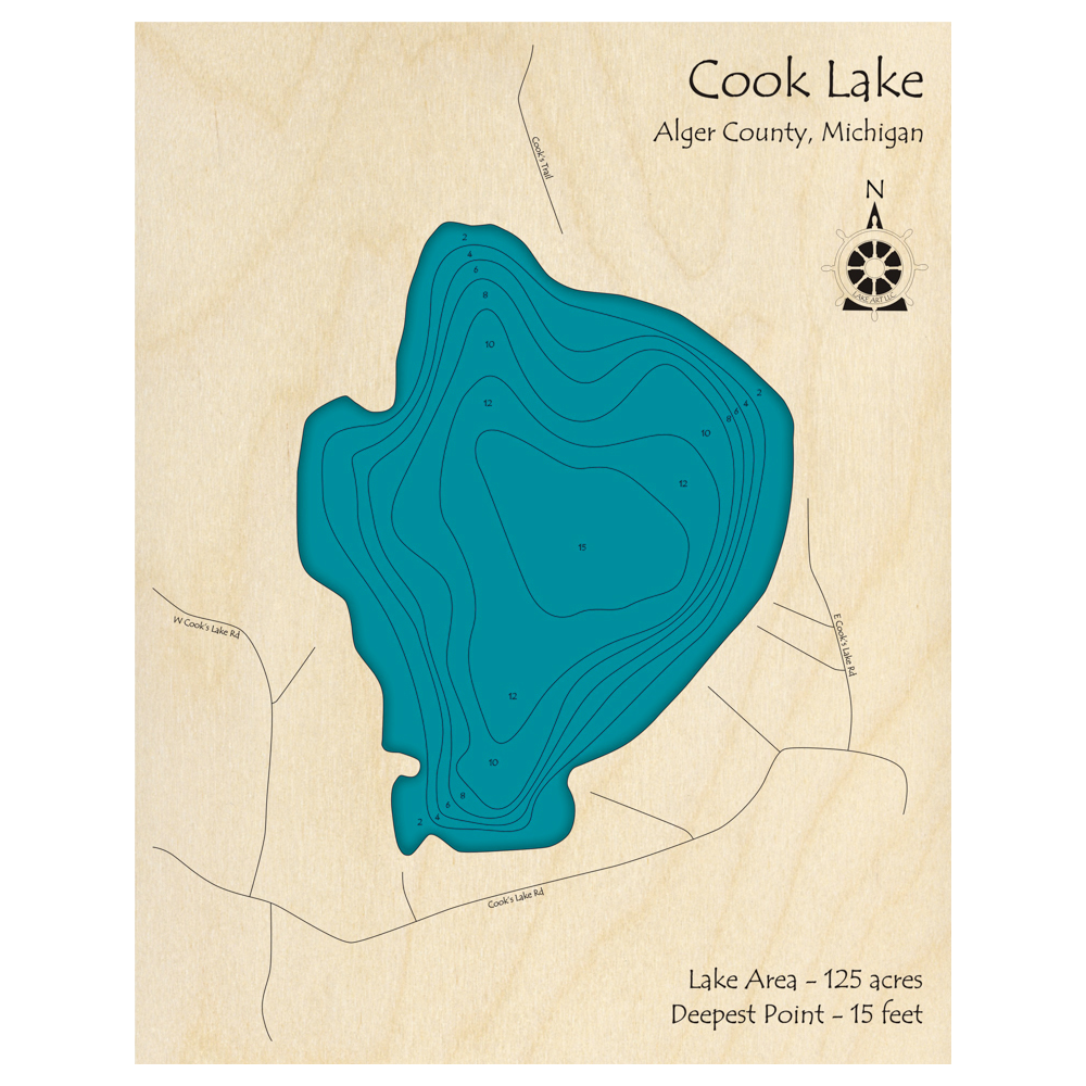 Bathymetric topo map of Cook Lake, MI with roads, towns and depths noted in blue water.