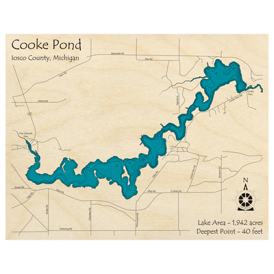 Bathymetric topo map of Cooke Pond, MI with roads, towns and depths noted in blue water.