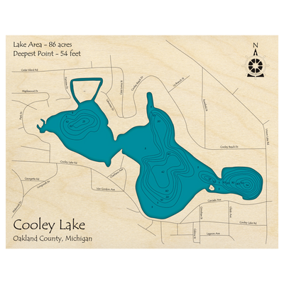 Bathymetric topo map of Cooley Lake, MI with roads, towns and depths noted in blue water.