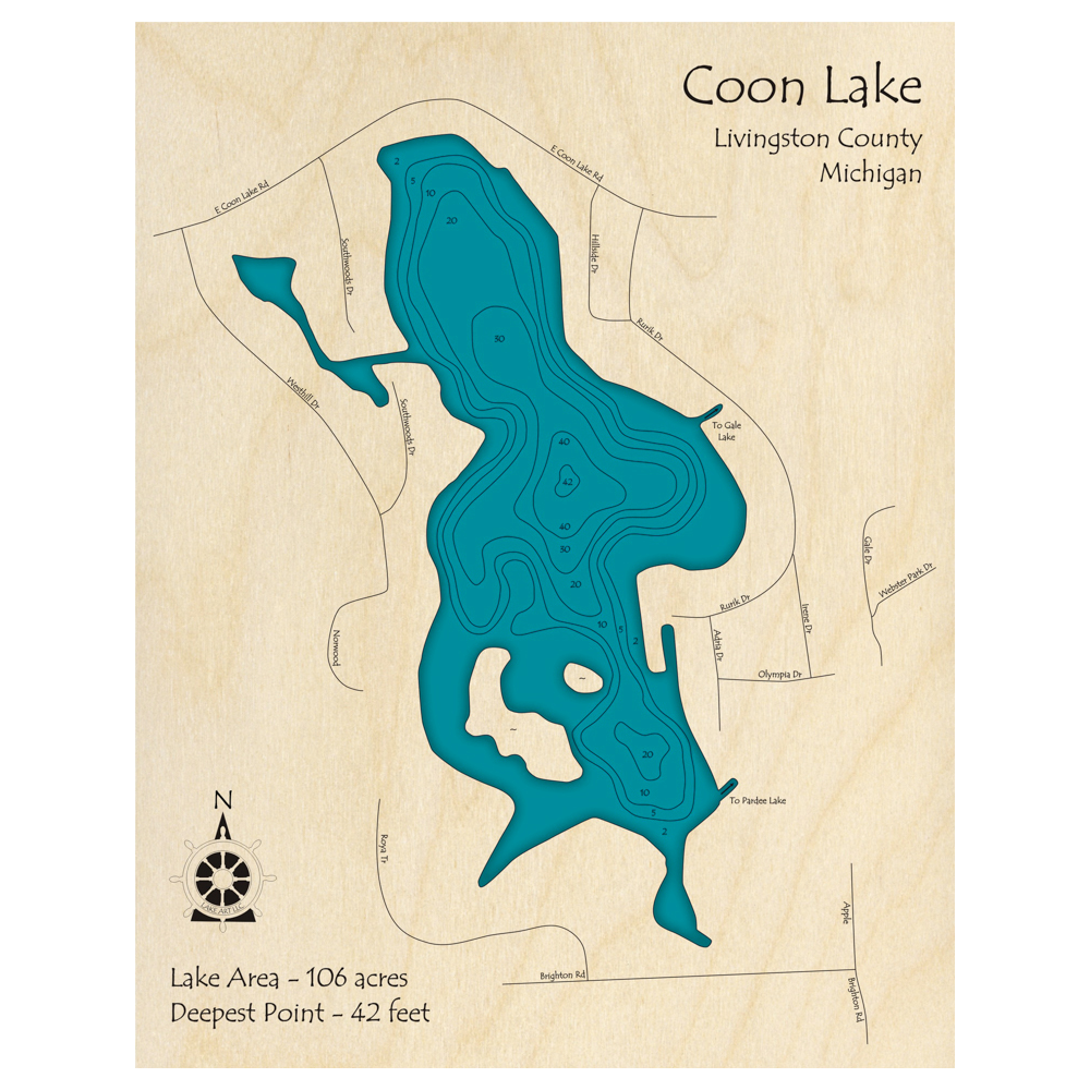 Bathymetric topo map of Coon Lake, MI with roads, towns and depths noted in blue water.