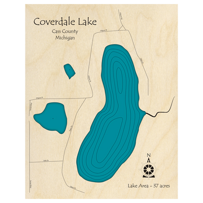 Bathymetric topo map of Coverdale Lake, MI with roads, towns and depths noted in blue water.