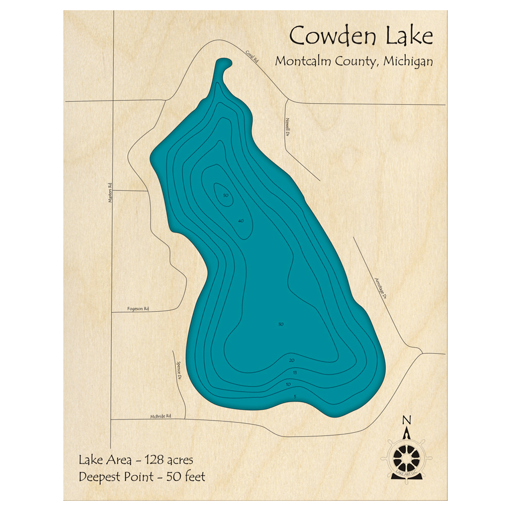 Bathymetric topo map of Cowden Lake, MI with roads, towns and depths noted in blue water.