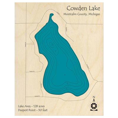Bathymetric topo map of Cowden Lake, MI with roads, towns and depths noted in blue water.