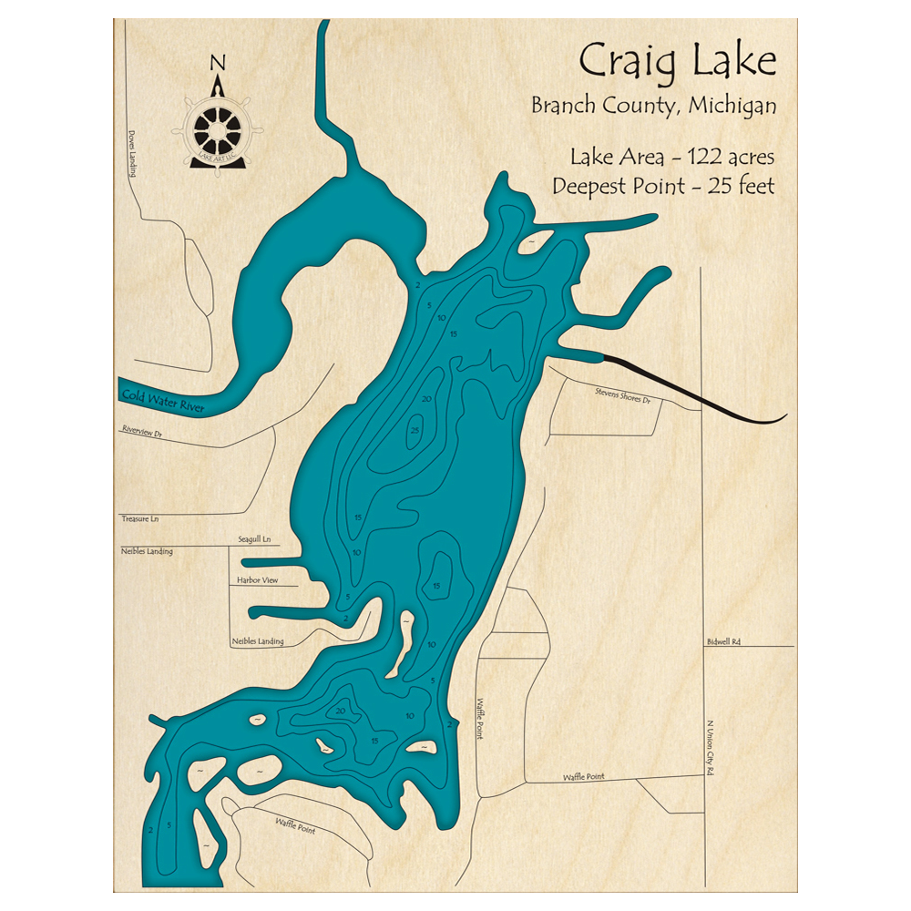 Bathymetric topo map of Craig Lake, MI with roads, towns and depths noted in blue water.