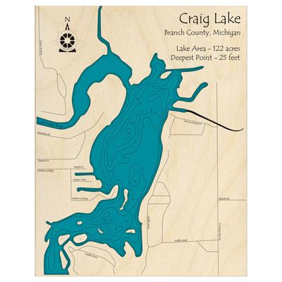 Bathymetric topo map of Craig Lake, MI with roads, towns and depths noted in blue water.