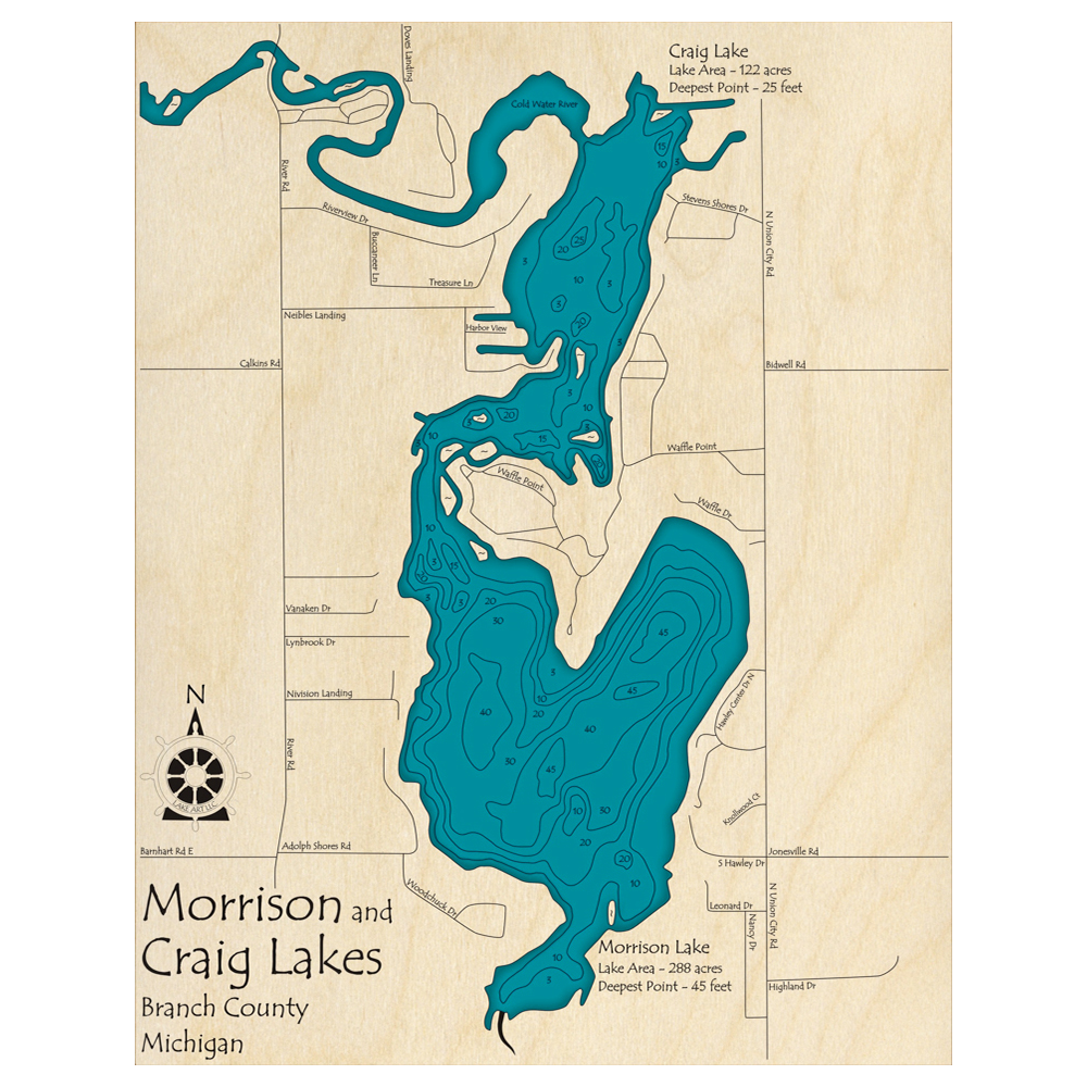 Bathymetric topo map of Craig Lake, MI with roads, towns and depths noted in blue water.