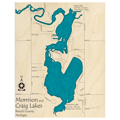 Bathymetric topo map of Craig Lake, MI with roads, towns and depths noted in blue water.