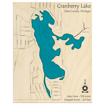 Bathymetric topo map of Cranberry Lake, MI with roads, towns and depths noted in blue water.