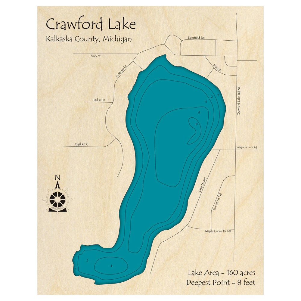 Bathymetric topo map of Crawford Lake, MI with roads, towns and depths noted in blue water.