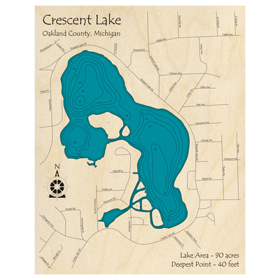 Bathymetric topo map of Crescent Lake, MI with roads, towns and depths noted in blue water.