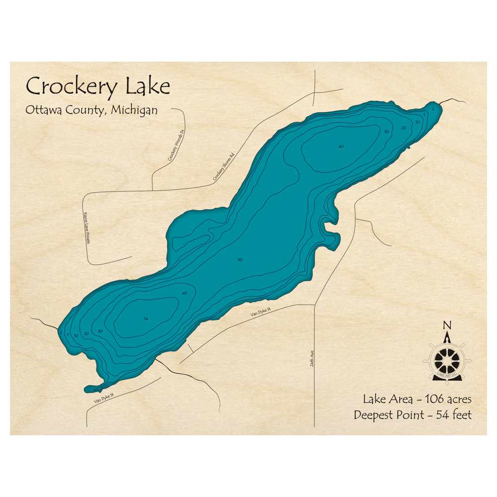 Bathymetric topo map of Crockery Lake, MI with roads, towns and depths noted in blue water.