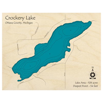 Bathymetric topo map of Crockery Lake, MI with roads, towns and depths noted in blue water.