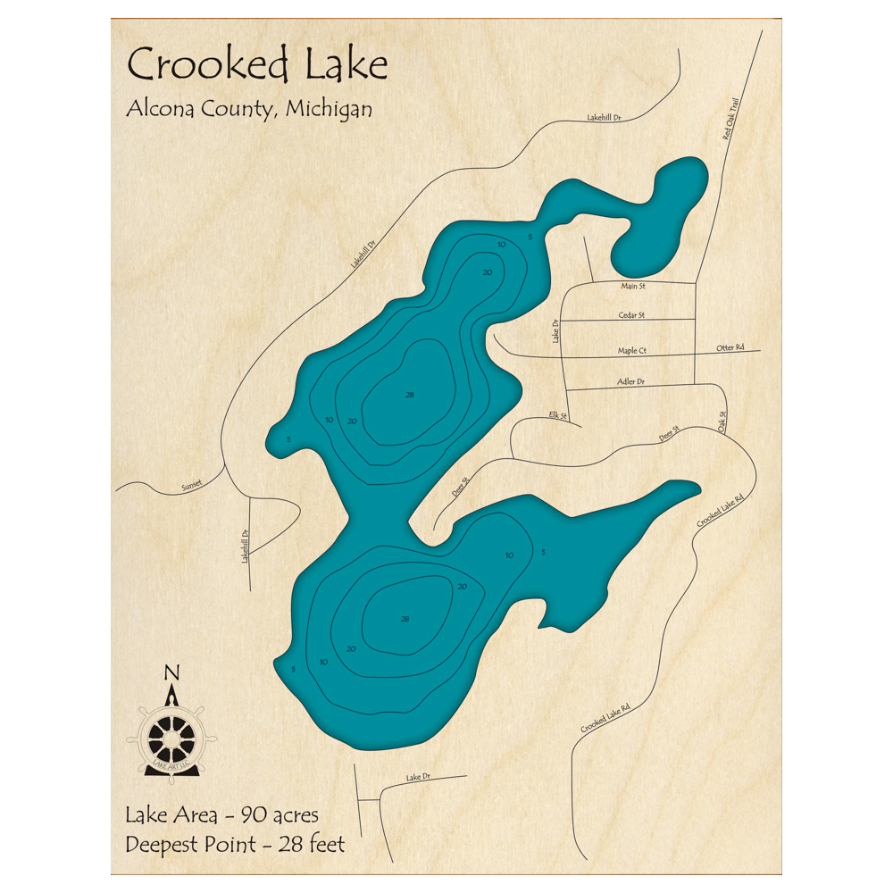 Bathymetric topo map of Crooked Lake, MI with roads, towns and depths noted in blue water.
