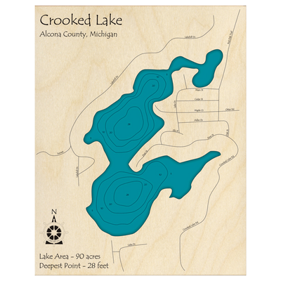 Bathymetric topo map of Crooked Lake, MI with roads, towns and depths noted in blue water.