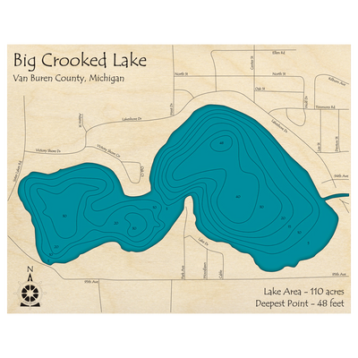 Bathymetric topo map of Big Crooked Lake, MI with roads, towns and depths noted in blue water.