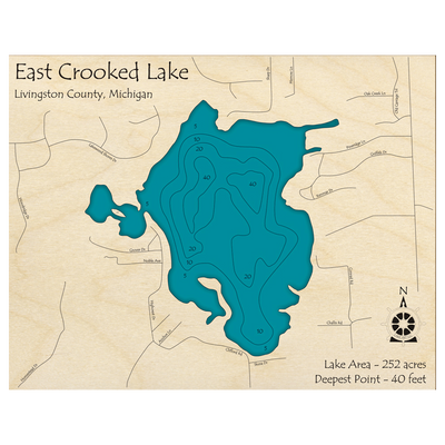 Bathymetric topo map of Crooked Lake, MI with roads, towns and depths noted in blue water.