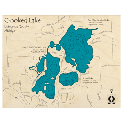 Bathymetric topo map of Crooked Lake, MI with roads, towns and depths noted in blue water.