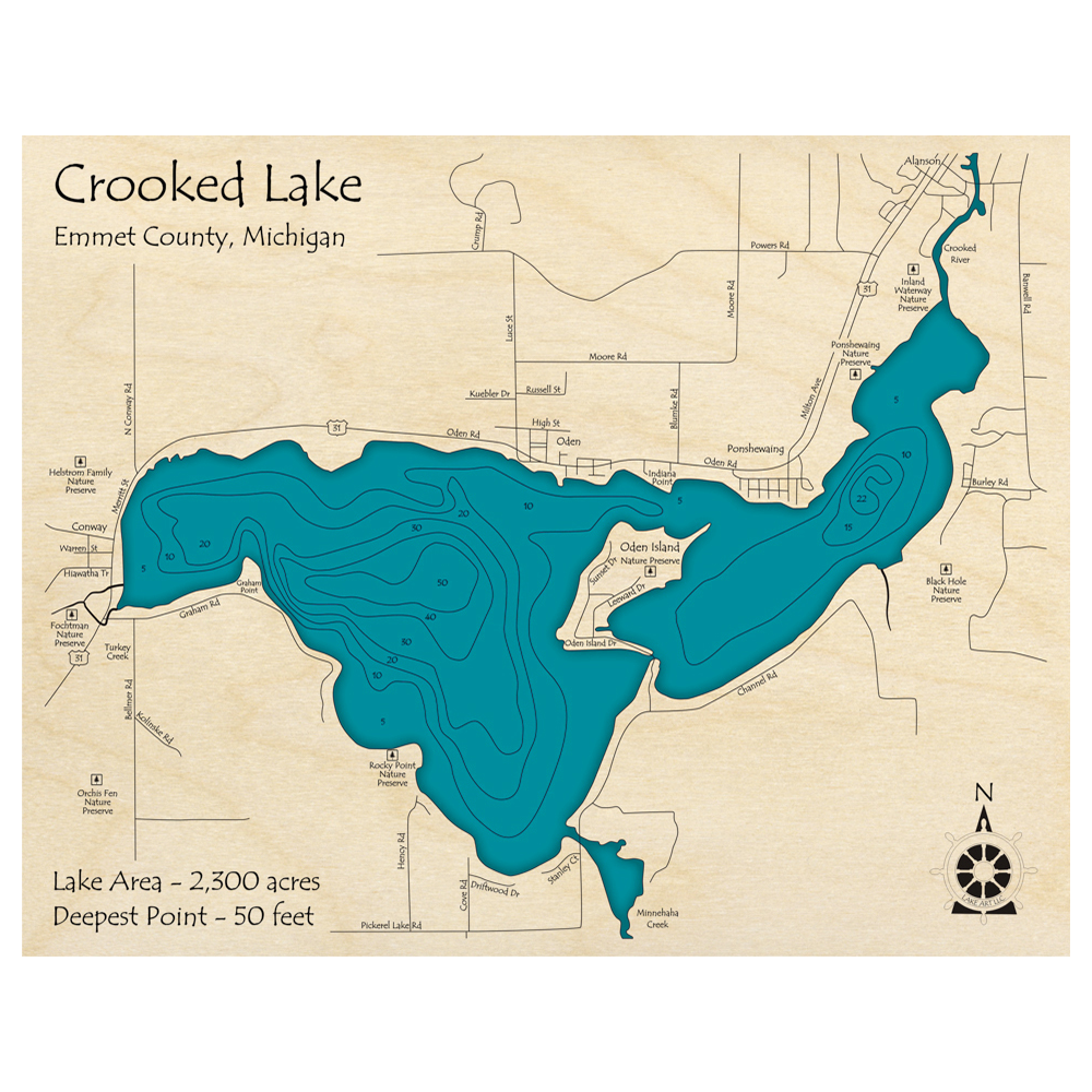 Bathymetric topo map of Crooked Lake, MI with roads, towns and depths noted in blue water.