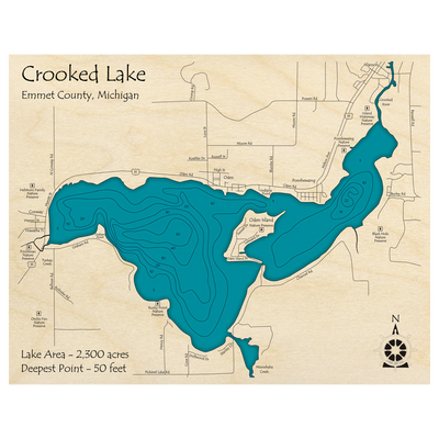 Bathymetric topo map of Crooked Lake, MI with roads, towns and depths noted in blue water.