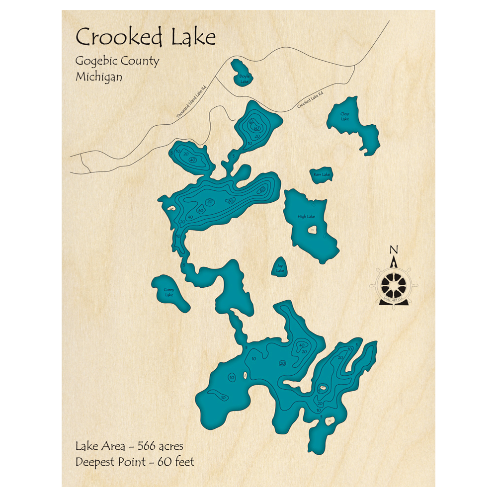 Bathymetric topo map of Crooked Lake, MI with roads, towns and depths noted in blue water.