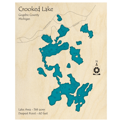 Bathymetric topo map of Crooked Lake, MI with roads, towns and depths noted in blue water.