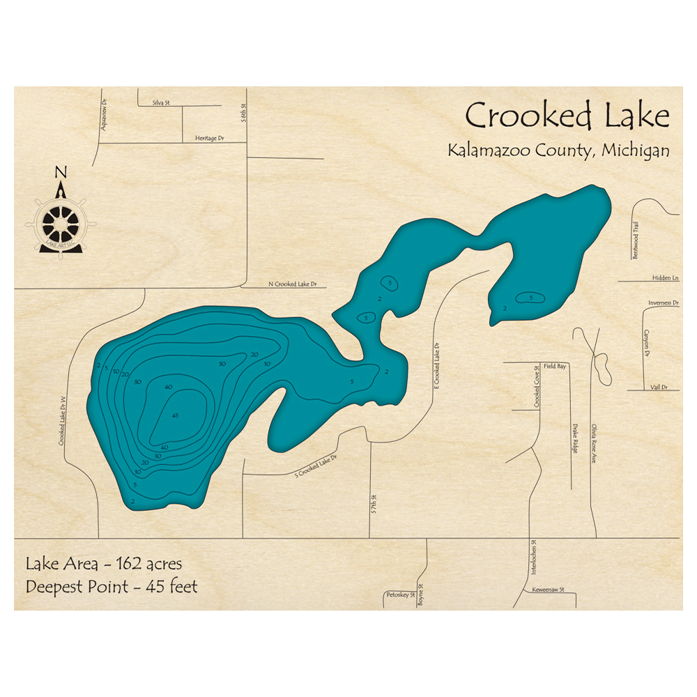 Bathymetric topo map of Crooked Lake, MI with roads, towns and depths noted in blue water.