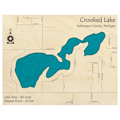 Bathymetric topo map of Crooked Lake, MI with roads, towns and depths noted in blue water.