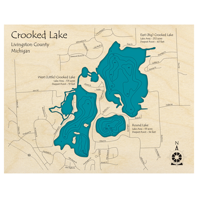 Bathymetric topo map of Crooked Lake, MI with roads, towns and depths noted in blue water.